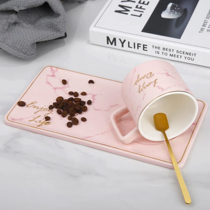 Gold Inlay Marble Coffee Cup with Spoon and Saucer Ceramic Afternoon Tea Cup Dish Plates INS Fashion Milk Mug Drop Shipping