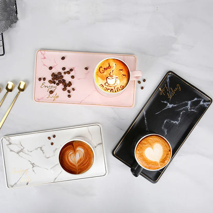 Gold Inlay Marble Coffee Cup with Spoon and Saucer Ceramic Afternoon Tea Cup Dish Plates INS Fashion Milk Mug Drop Shipping