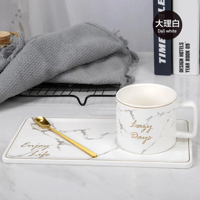 Gold Inlay Marble Coffee Cup with Spoon and Saucer Ceramic Afternoon Tea Cup Dish Plates INS Fashion Milk Mug Drop Shipping