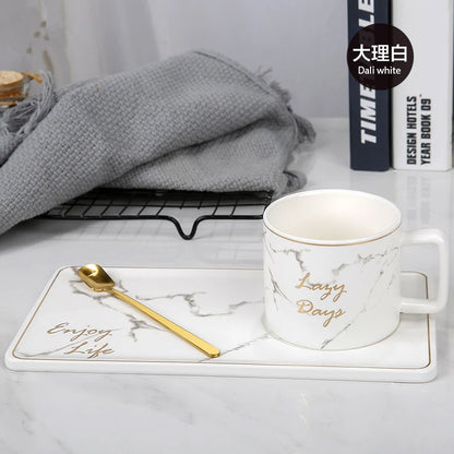 Gold Inlay Marble Coffee Cup with Spoon and Saucer Ceramic Afternoon Tea Cup Dish Plates INS Fashion Milk Mug Drop Shipping