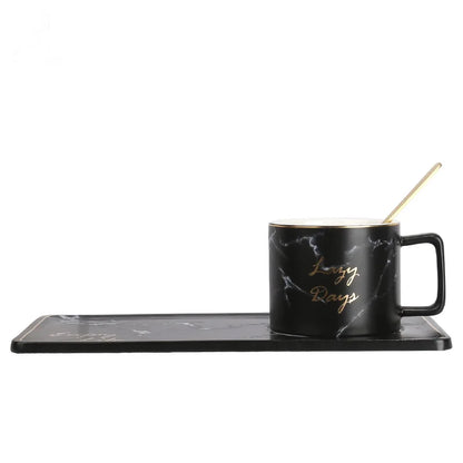 Gold Inlay Marble Coffee Cup with Spoon and Saucer Ceramic Afternoon Tea Cup Dish Plates INS Fashion Milk Mug Drop Shipping