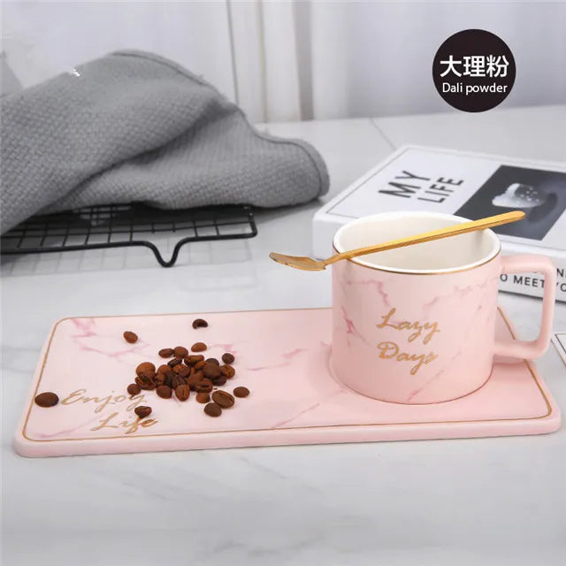 Gold Inlay Marble Coffee Cup with Spoon and Saucer Ceramic Afternoon Tea Cup Dish Plates INS Fashion Milk Mug Drop Shipping