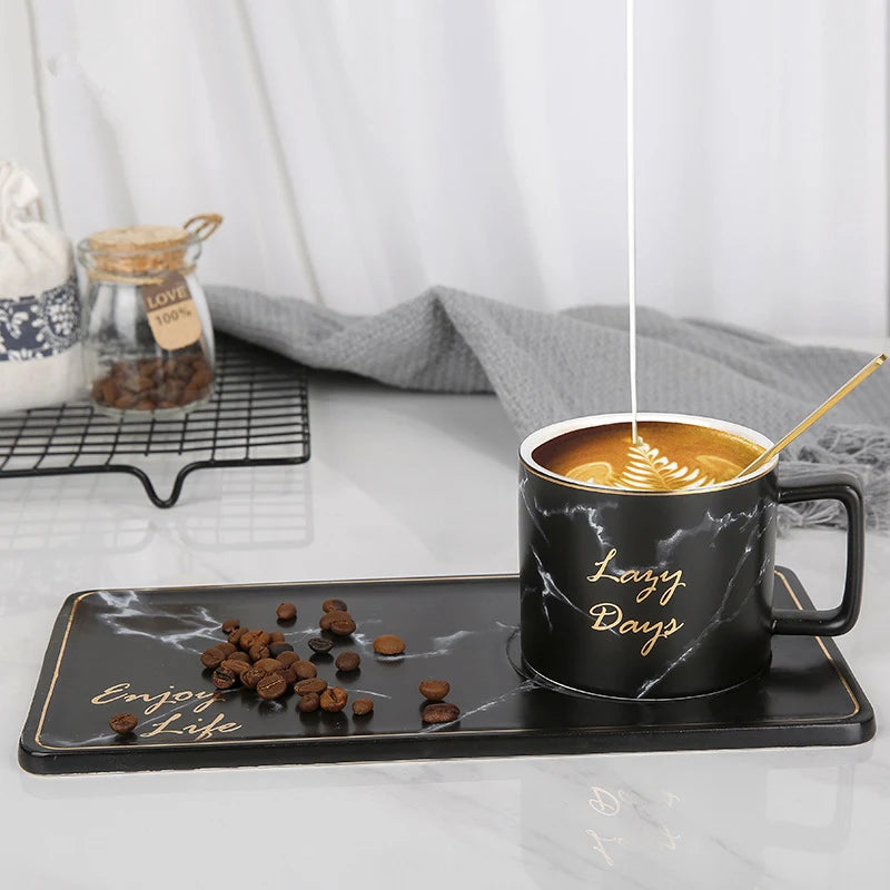 Gold Inlay Marble Coffee Cup with Spoon and Saucer Ceramic Afternoon Tea Cup Dish Plates INS Fashion Milk Mug Drop Shipping