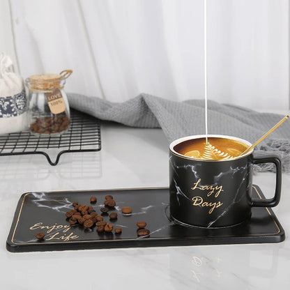 Gold Inlay Marble Coffee Cup with Spoon and Saucer Ceramic Afternoon Tea Cup Dish Plates INS Fashion Milk Mug Drop Shipping