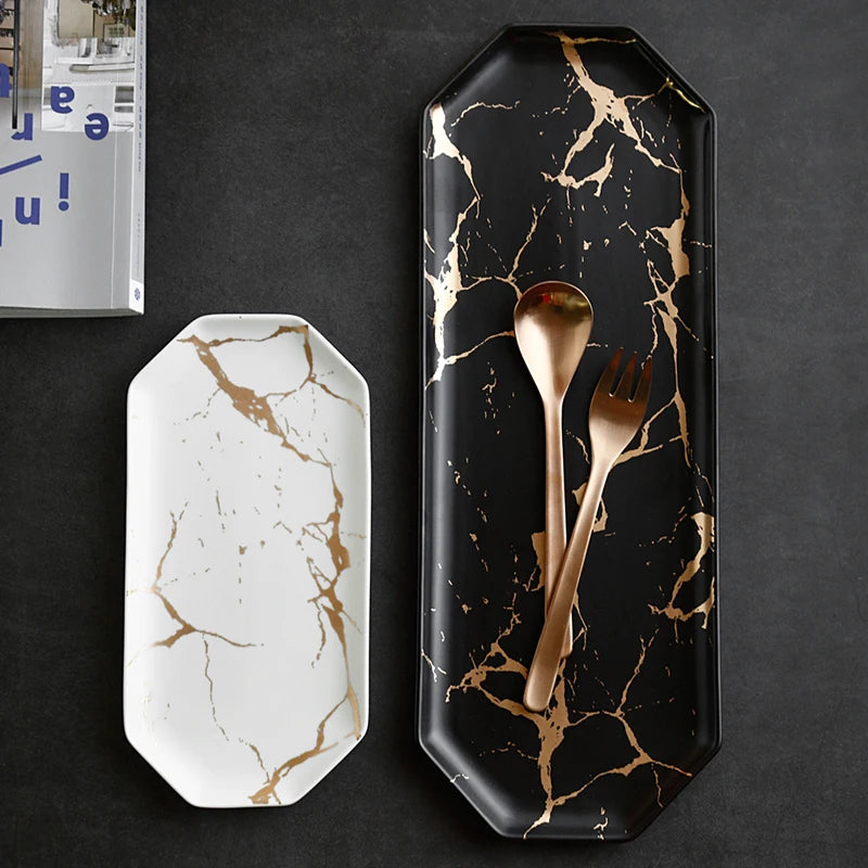 Gold Inlay Marble Plate Dishes Nordic Style Dinner Plate Ceramic Steak Home Tableware Dessert Salad Tray Kitchen Dish