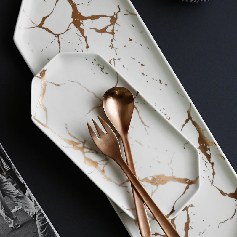 Gold Inlay Marble Plate Dishes Nordic Style Dinner Plate Ceramic Steak Home Tableware Dessert Salad Tray Kitchen Dish