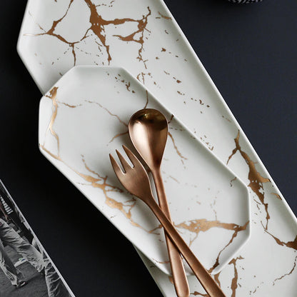 Gold Inlay Marble Plate Dishes Nordic Style Dinner Plate Ceramic Steak Home Tableware Dessert Salad Tray Kitchen Dish