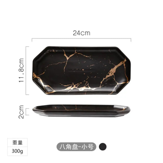Gold Inlay Marble Plate Dishes Nordic Style Dinner Plate Ceramic Steak Home Tableware Dessert Salad Tray Kitchen Dish