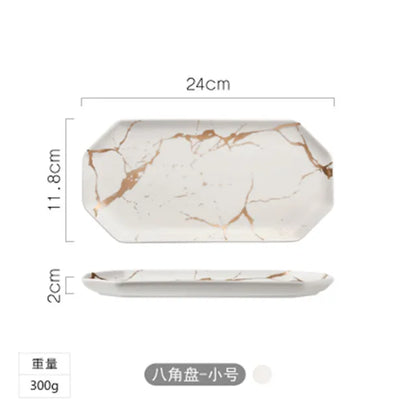 Gold Inlay Marble Plate Dishes Nordic Style Dinner Plate Ceramic Steak Home Tableware Dessert Salad Tray Kitchen Dish