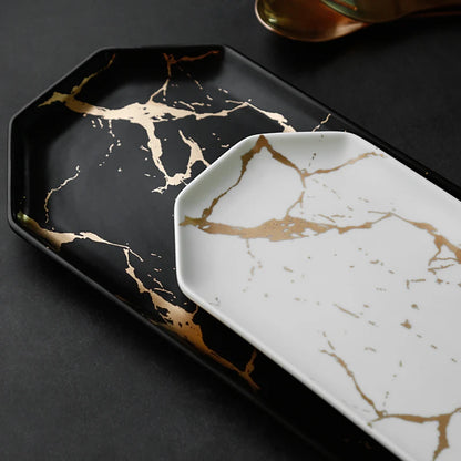 Gold Inlay Marble Plate Dishes Nordic Style Dinner Plate Ceramic Steak Home Tableware Dessert Salad Tray Kitchen Dish