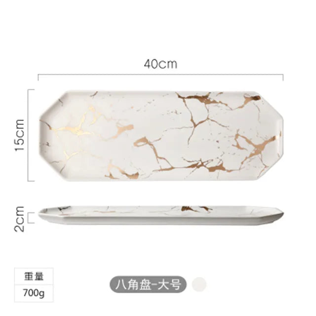 Gold Inlay Marble Plate Dishes Nordic Style Dinner Plate Ceramic Steak Home Tableware Dessert Salad Tray Kitchen Dish