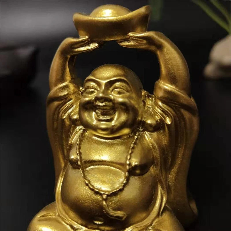 Gold Laughing Buddha Statue Chinese FengShui Money Maitreya Buddha Sculpture Figurines Home Garden Decoration Statues Lucky Gift