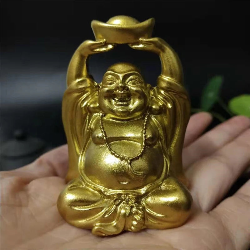 Gold Laughing Buddha Statue Chinese FengShui Money Maitreya Buddha Sculpture Figurines Home Garden Decoration Statues Lucky Gift