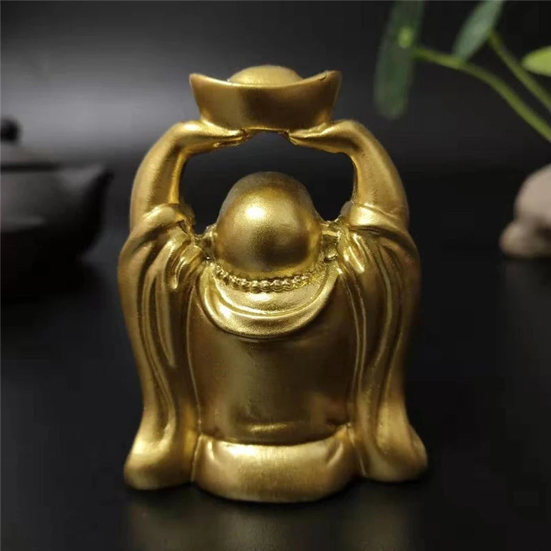 Gold Laughing Buddha Statue Chinese FengShui Money Maitreya Buddha Sculpture Figurines Home Garden Decoration Statues Lucky Gift