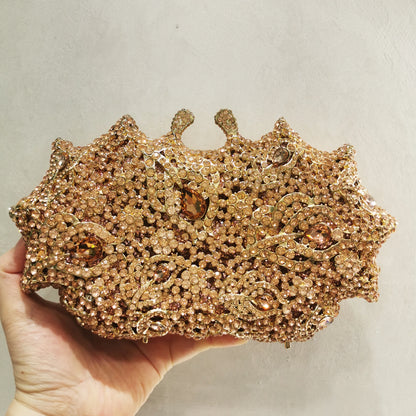 Gold Pink Champagne Floral Stone Clutch Woman Diamond Evening Purse Bridal Dinner Party Crystal Purse Wedding Flower Handbag
