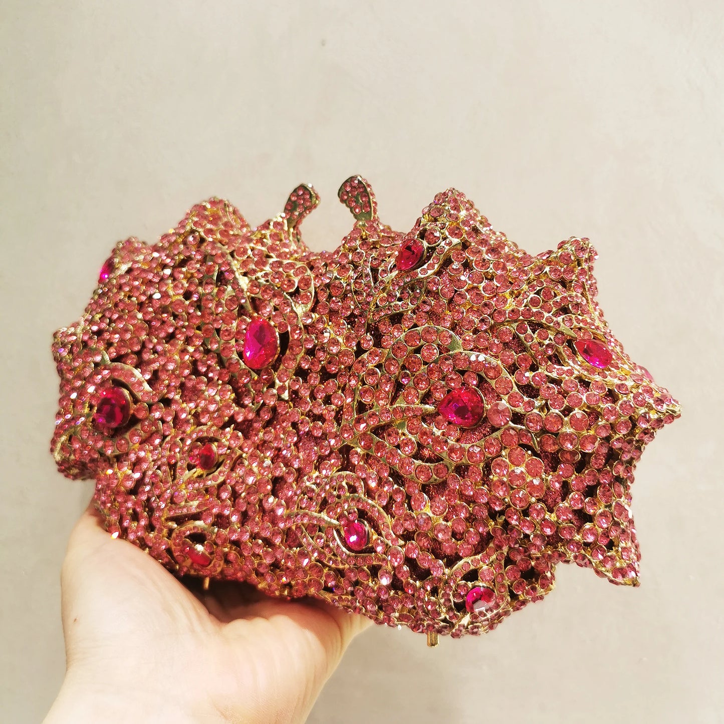 Gold Pink Champagne Floral Stone Clutch Woman Diamond Evening Purse Bridal Dinner Party Crystal Purse Wedding Flower Handbag