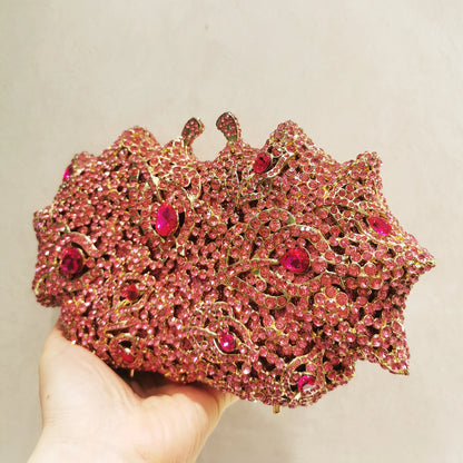 Gold Pink Champagne Floral Stone Clutch Woman Diamond Evening Purse Bridal Dinner Party Crystal Purse Wedding Flower Handbag