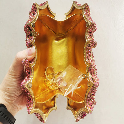 Gold Pink Champagne Floral Stone Clutch Woman Diamond Evening Purse Bridal Dinner Party Crystal Purse Wedding Flower Handbag