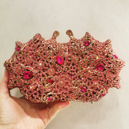 Gold Pink Champagne Floral Stone Clutch Woman Diamond Evening Purse Bridal Dinner Party Crystal Purse Wedding Flower Handbag