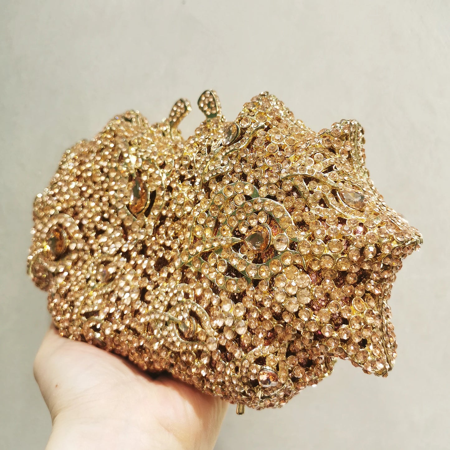 Gold Pink Champagne Floral Stone Clutch Woman Diamond Evening Purse Bridal Dinner Party Crystal Purse Wedding Flower Handbag