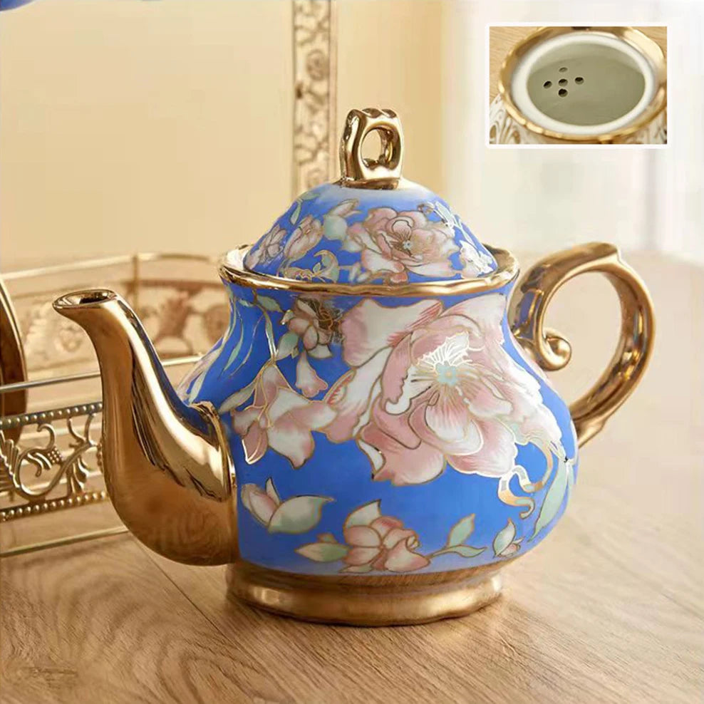Gold Plated Ceramic Coffee Pot 1000ml Home Explosion-Proof Cold Kettle Porcelain Teapot With Filter Hole European Style Tea Set