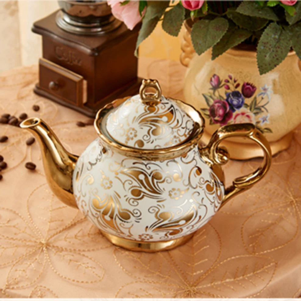 Gold Plated Ceramic Coffee Pot 1000ml Home Explosion-Proof Cold Kettle Porcelain Teapot With Filter Hole European Style Tea Set