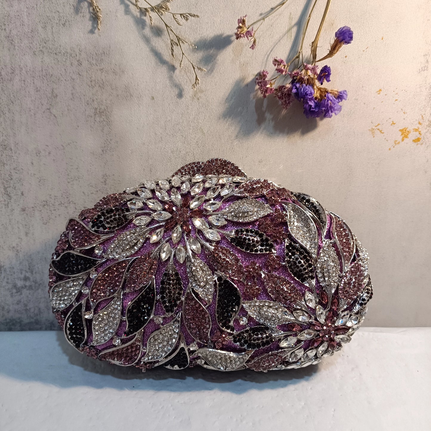 Gold Purple Silver Flower Dinner Purse Woman Floral Diamond Toted Evening Bag Wedding Bridal Prom Clutches Party Crystal Handbag