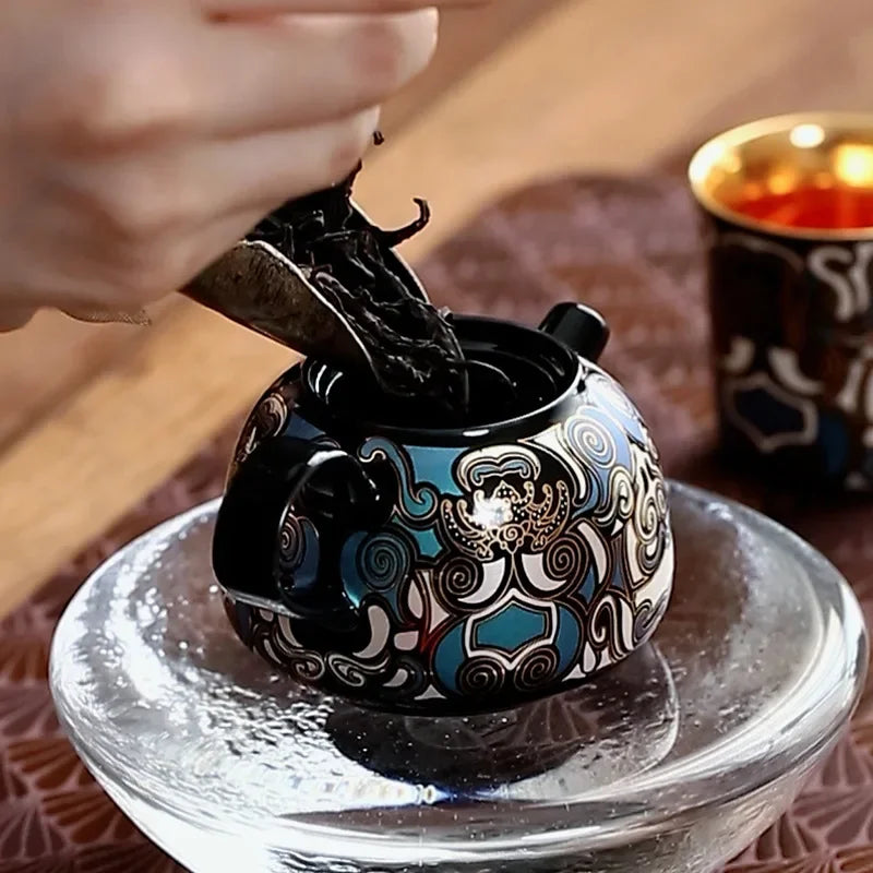 Gold and silver inlaid stone ladle pot Enamel color tea pot with exquisite box ceramic tea set Elegant household decoration