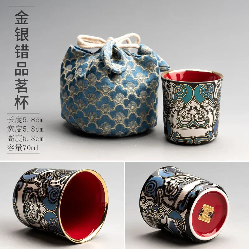 Gold and silver inlaid stone ladle pot Enamel color tea pot with exquisite box ceramic tea set Elegant household decoration