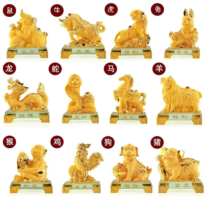 Gold-plated Process Feng Shui Rat ox Tiger rabbit dragon snake horse sheep Monkey rooster Dog pig Fortune Lucky Resin Home Decor