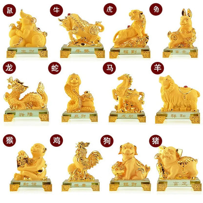 Gold-plated Process Feng Shui Rat ox Tiger rabbit dragon snake horse sheep Monkey rooster Dog pig Fortune Lucky Resin Home Decor