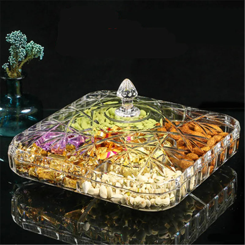Gold transparent Acrylic plate fruit basin dry candy dish sugar snack nut peanut food storage can box with Cover plastic tray