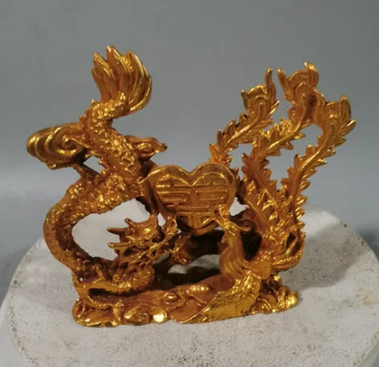 Golden Dragon and Phoenix Statue Sculpture Chinese Modern Art Couple Sculpture Feng Shui Ornament Home Decoration Wedding Gift