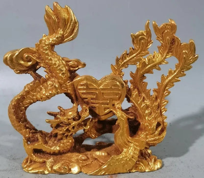 Golden Dragon and Phoenix Statue Sculpture Chinese Modern Art Couple Sculpture Feng Shui Ornament Home Decoration Wedding Gift