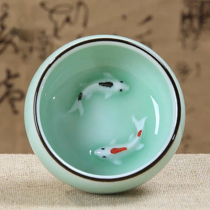 Golden Fish Tea Cup Bowl Longquan Celadon Porcelain Teacups Chinese Teapot Home Decor Ceramic Handmade Teaware Cups