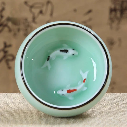Golden Fish Tea Cup Bowl Longquan Celadon Porcelain Teacups Chinese Teapot Home Decor Ceramic Handmade Teaware Cups