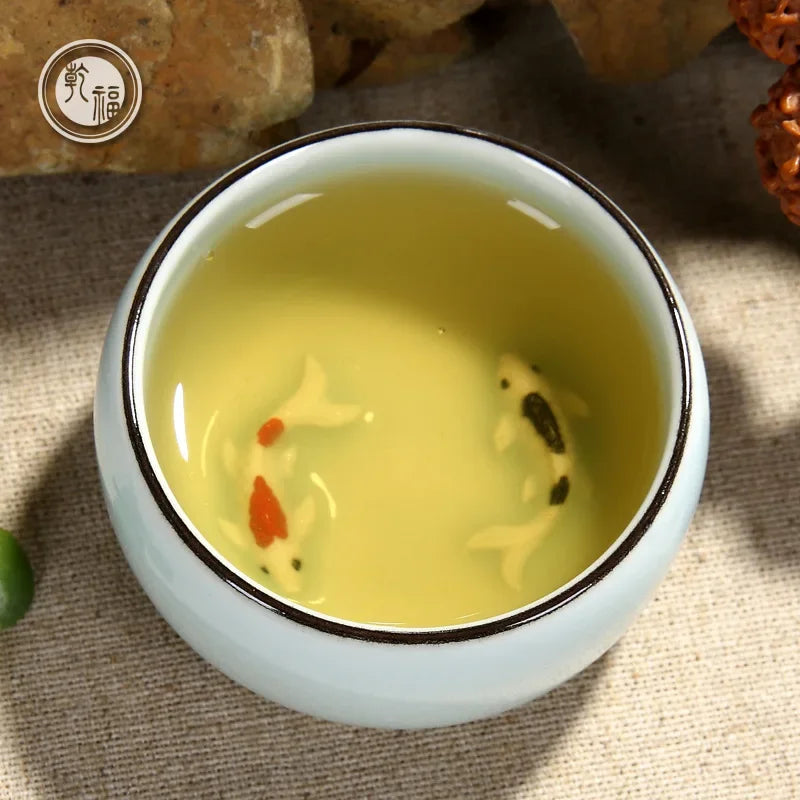 Golden Fish Tea Cup Bowl Longquan Celadon Porcelain Teacups Chinese Teapot Home Decor Ceramic Handmade Teaware Cups