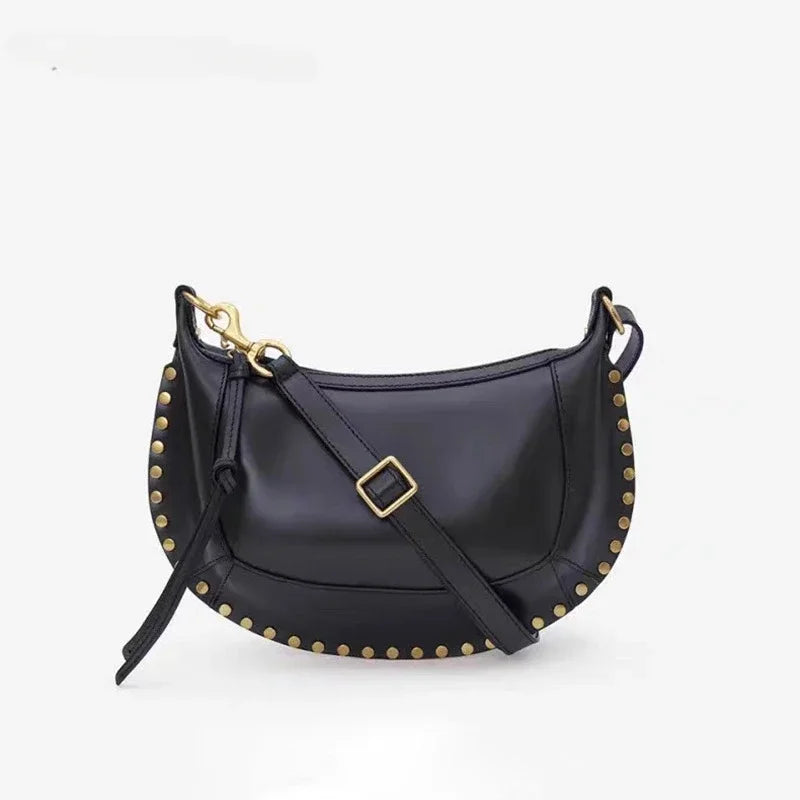 Golden Rivet Crescent Bag With High Quality Cowhide Fashion Casual Luxury Single Shoulder Bag Dark Brown Crossbody Bag
