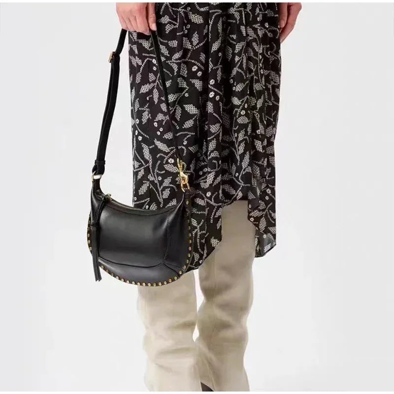 Golden Rivet Crescent Bag With High Quality Cowhide Fashion Casual Luxury Single Shoulder Bag Dark Brown Crossbody Bag