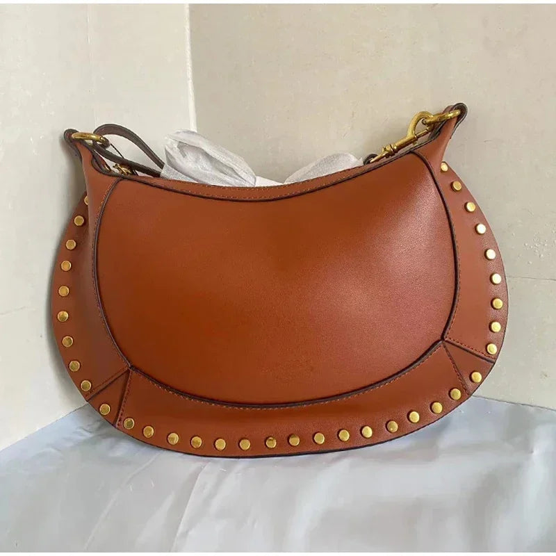 Golden Rivet Crescent Bag With High Quality Cowhide Fashion Casual Luxury Single Shoulder Bag Dark Brown Crossbody Bag