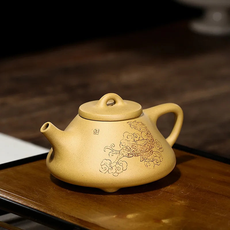 Golden Section of Mud Carved Huiziye Stone Scoop Pot, Zisha Teapot, Yixing Handmade Pot, Kung-Fu Teaware, Purple Clay Drinkware