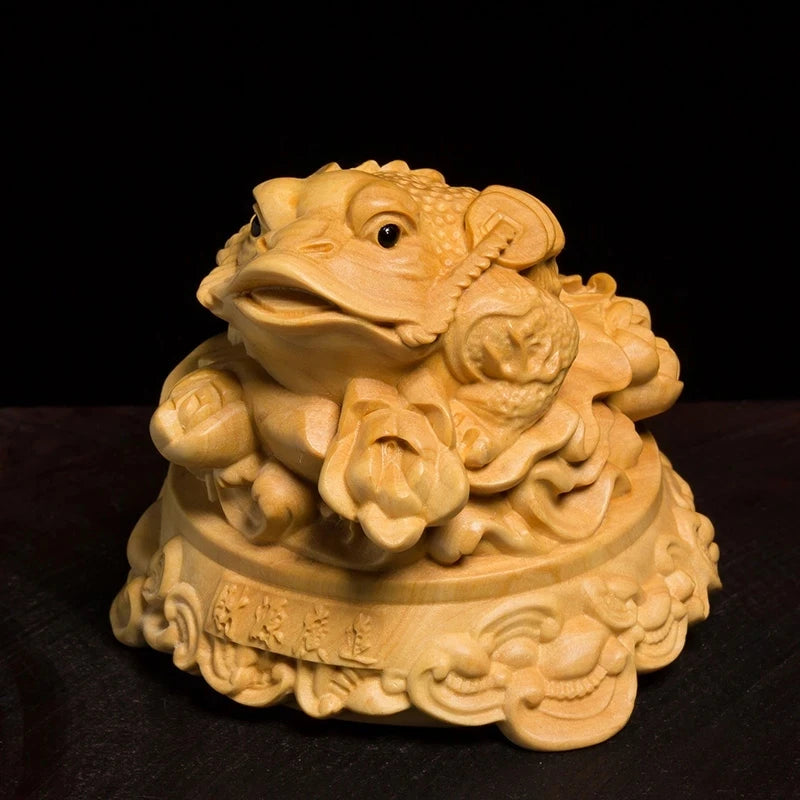 Golden Three Feet Toad Lucky Office Solid Wood Furnishing Articles Boxwood Carved Animal Sculpture