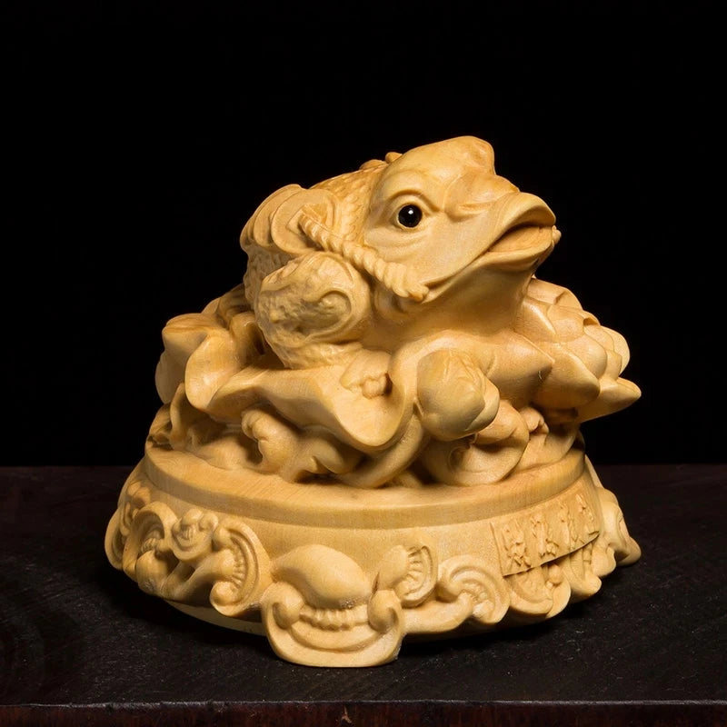 Golden Three Feet Toad Lucky Office Solid Wood Furnishing Articles Boxwood Carved Animal Sculpture