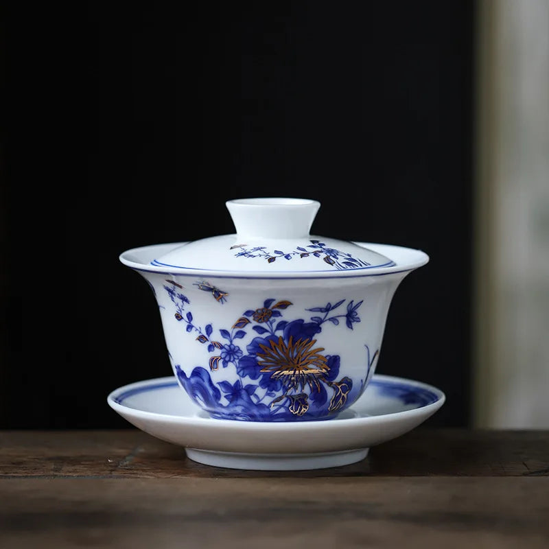 Gongfu Tea Set Ceramic San Cai Gai Wan China Handmade Tea Cups Gaiwan Tureen Hand-painted Tea Bowls