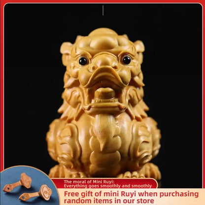 Good Fortune Auspicious Boxwood Carving Modern Arts and Crafts Pi Xiu Pendant Kirin Beast Home Decoration Handmade Sculpture