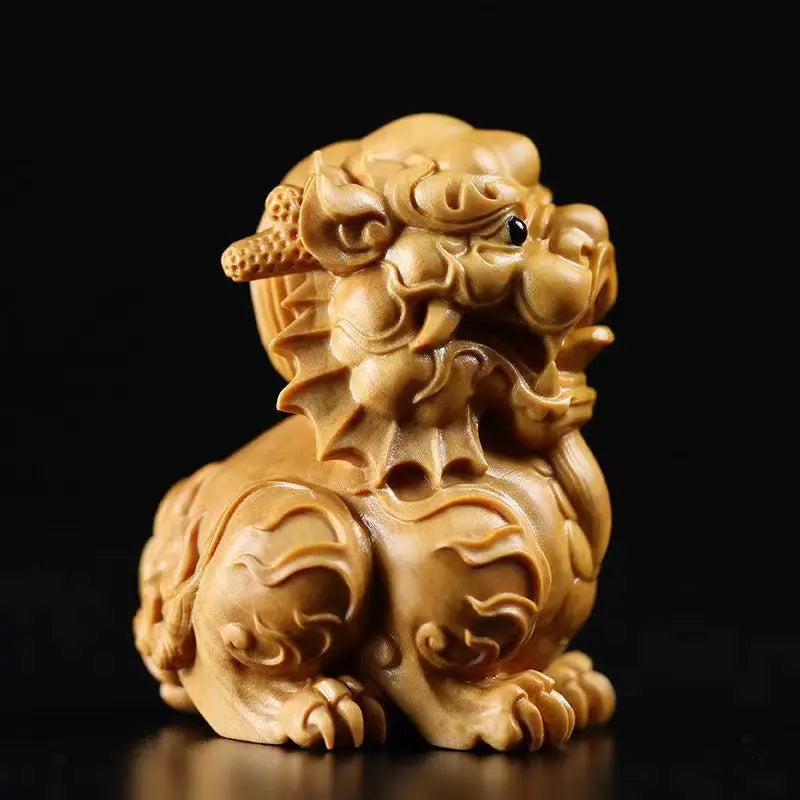 Good Fortune Auspicious Boxwood Carving Modern Arts and Crafts Pi Xiu Pendant Kirin Beast Home Decoration Handmade Sculpture