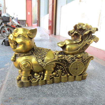 Good LUCK  HOME Shop Business Money Drawing Good luck Mascot Propitious GOLD Fortune pig FENG SHUI BRASS Sculpture Statue