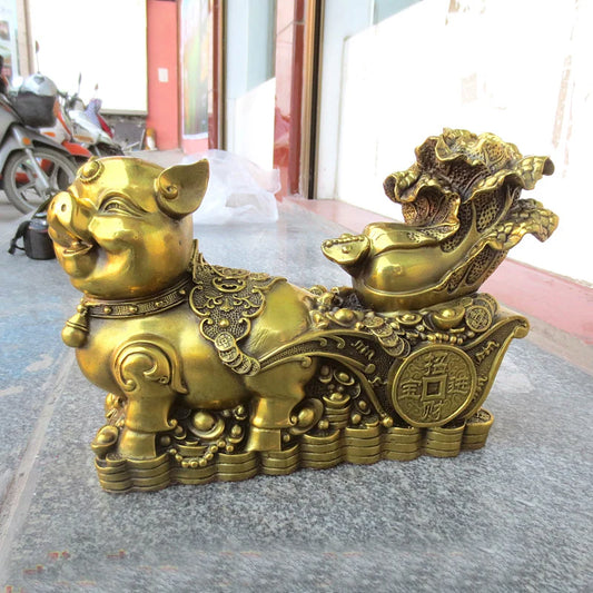 Good LUCK  HOME Shop Business Money Drawing Good luck Mascot Propitious GOLD Fortune pig FENG SHUI BRASS Sculpture Statue