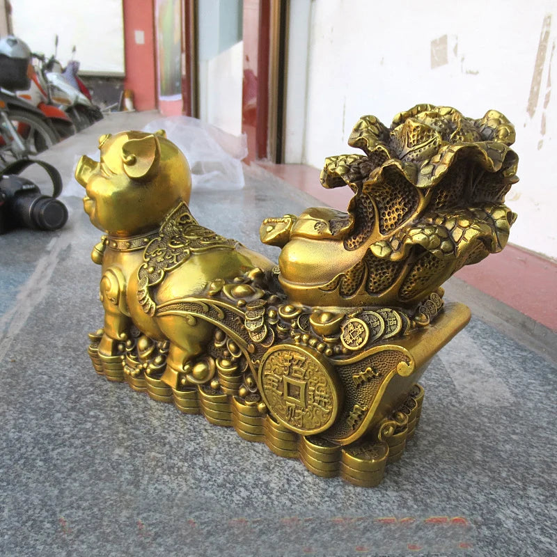 Good LUCK  HOME Shop Business Money Drawing Good luck Mascot Propitious GOLD Fortune pig FENG SHUI BRASS Sculpture Statue
