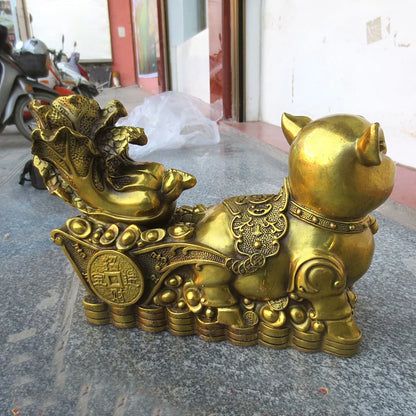 Good LUCK  HOME Shop Business Money Drawing Good luck Mascot Propitious GOLD Fortune pig FENG SHUI BRASS Sculpture Statue
